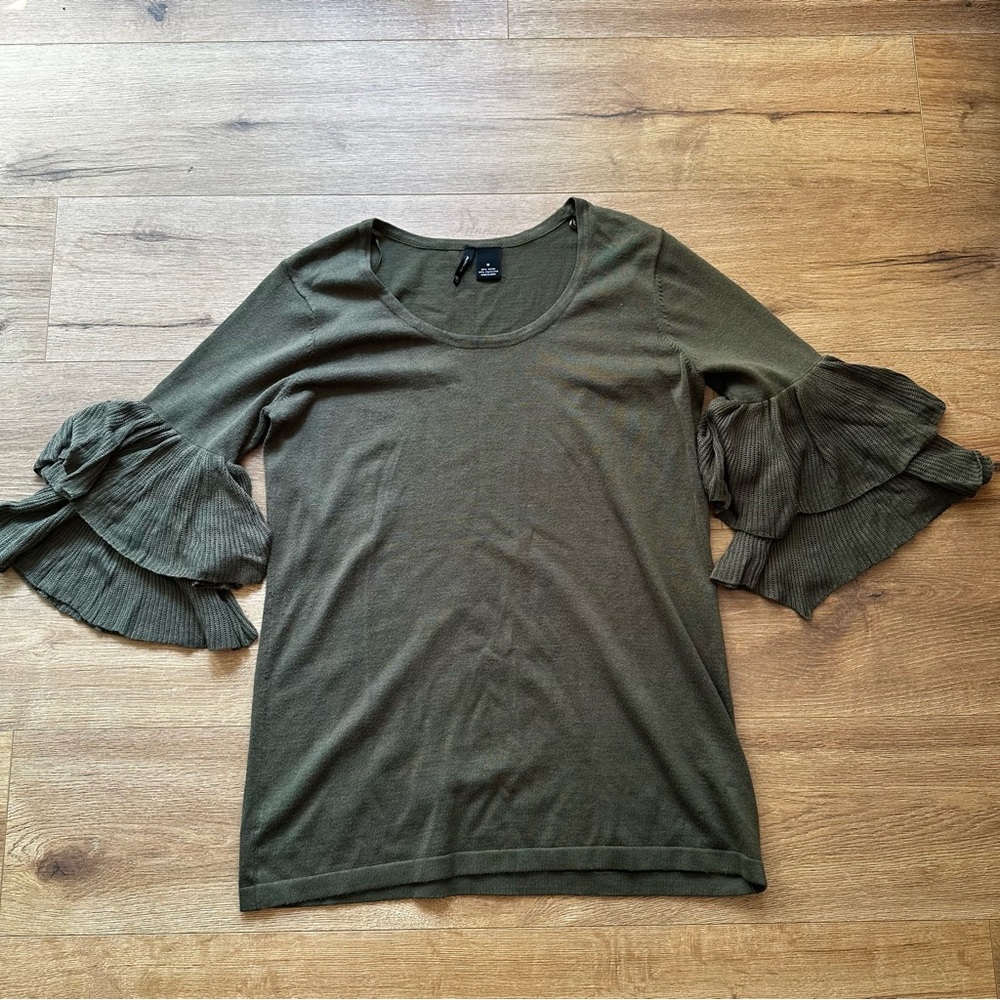 New Directions Olive Blouse with Ruffle Sleeves
